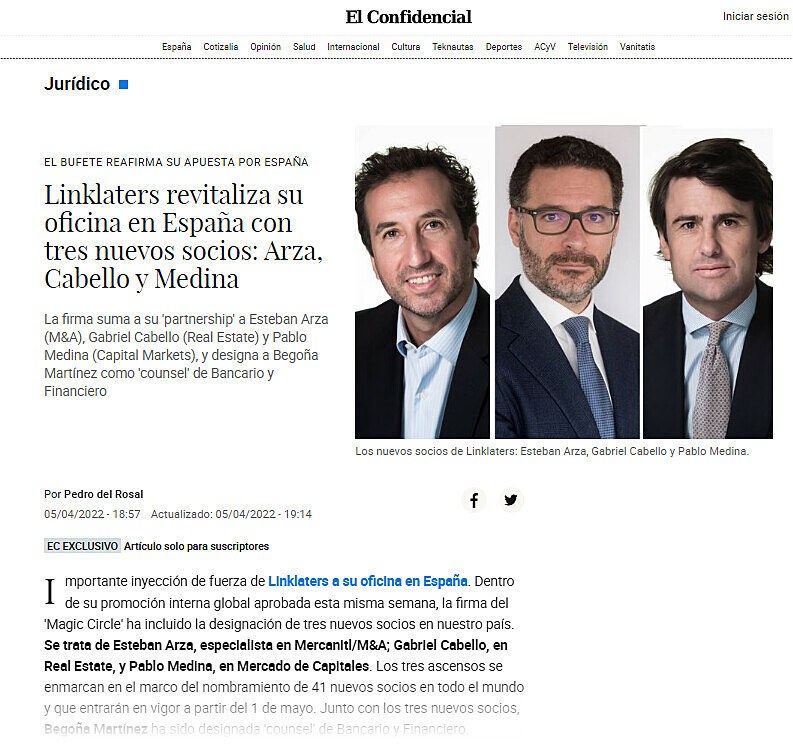 Linklaters revitaliza su oficina en Espaa con tres nuevos socios: Arza, Cabello y Medina